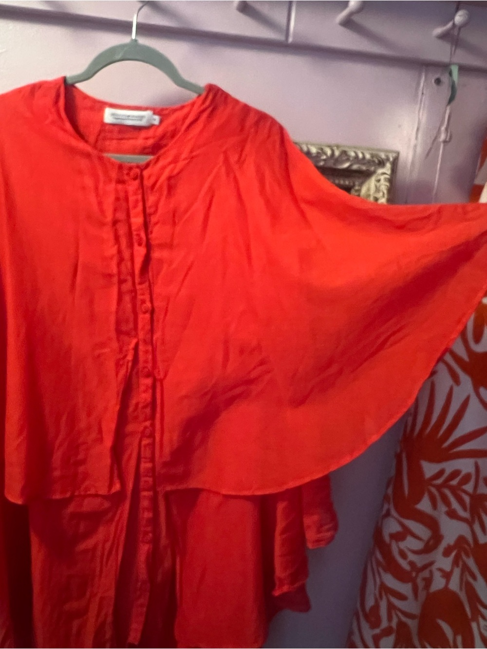Bright Red Button-Front Cape Sleeve Blouse